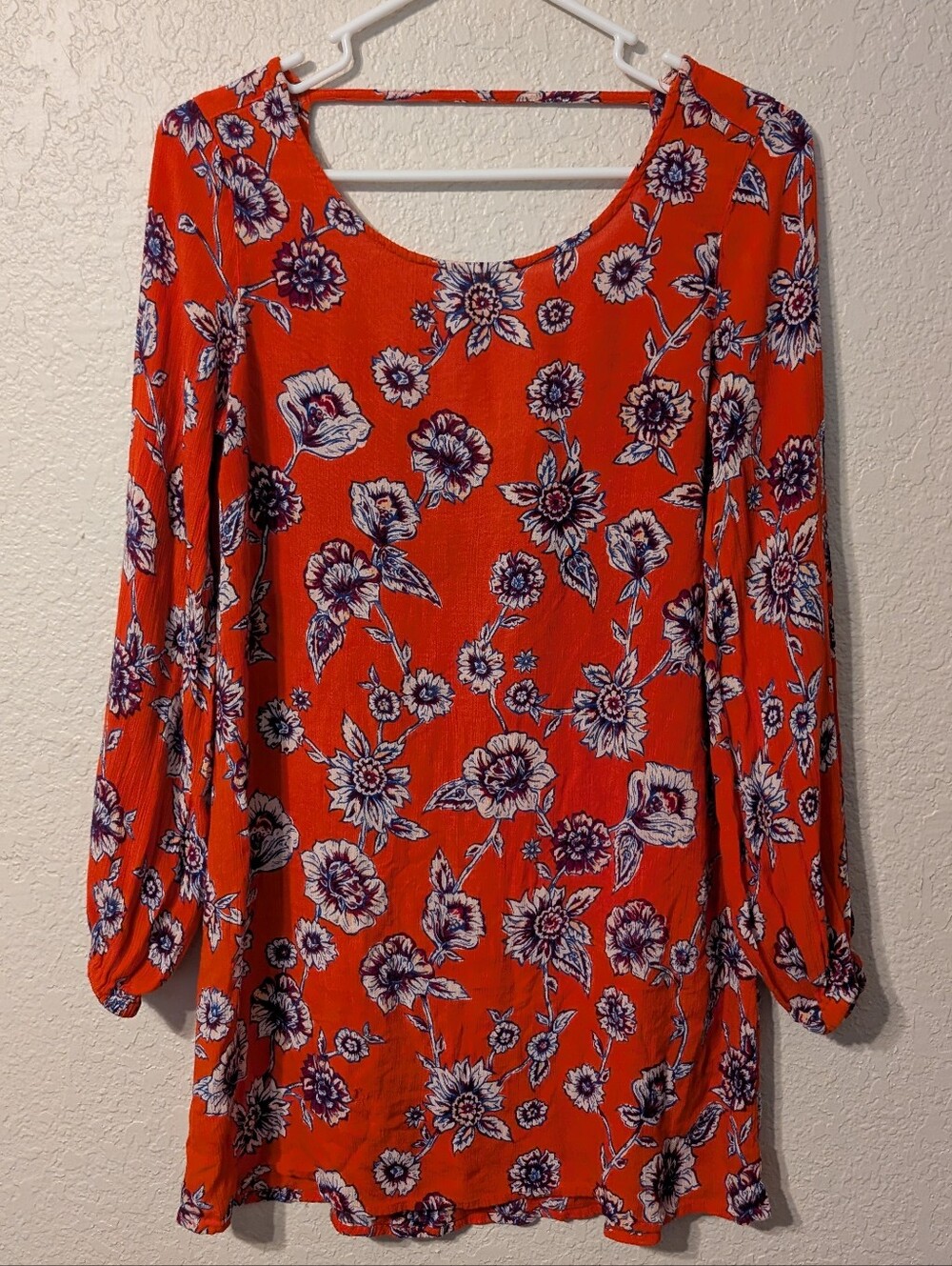 Billabong Red Floral Long Sleeve Mini Swing Dress, Size Medium
